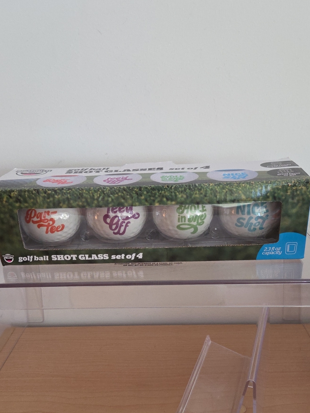 Golf Ball Shot Glass Set of 4 - White with Colorful Lettering..NIP